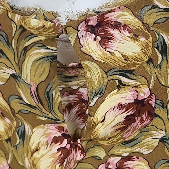 Philosophy Blouse Gold Floral Fringe Crewneck Long Sleeve Side Slit Boho Top - Picture 10 of 13